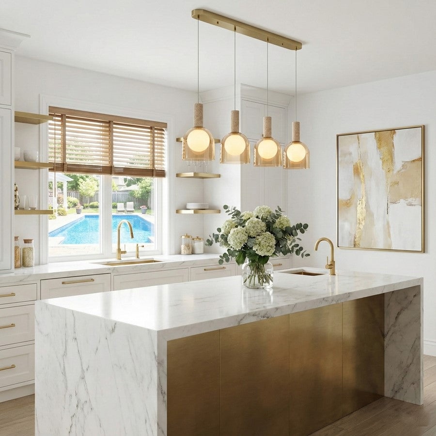 Artcraft Juna 4 Light Pendant, Brass/Amber/White