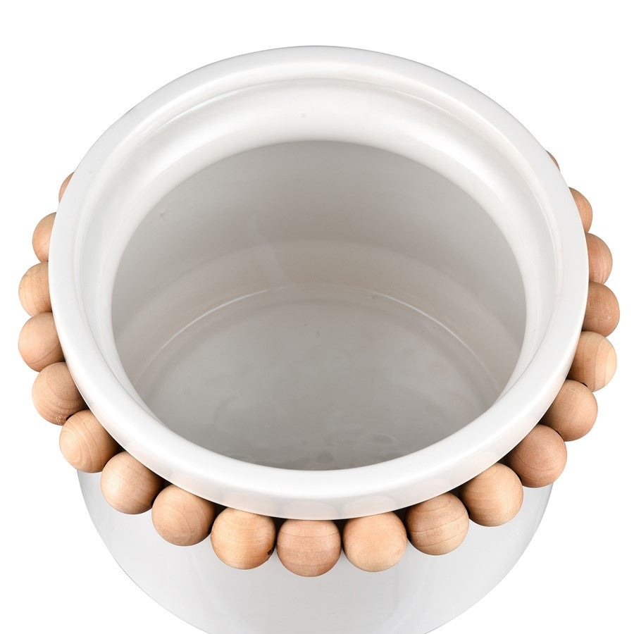 Atlas Lighting Anders Large Vase | Glossy White Earthenware with Natural Wood Beads | Coastal Living Room & Entryway Decor | Model AC11035-02