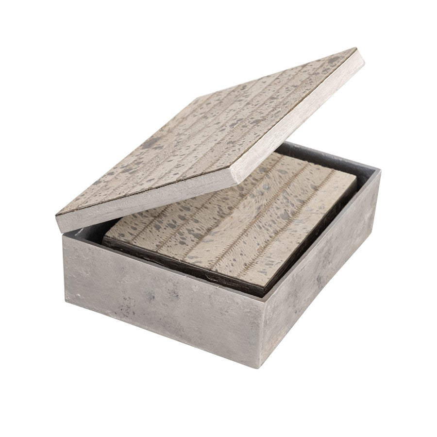 Atlas Lighting Chloe Set of 2 Storage Boxes | Silver Metal & White Hair-on-Hide | Bookshelf, Credenza & Desk Organizer | Model AC11177-01S