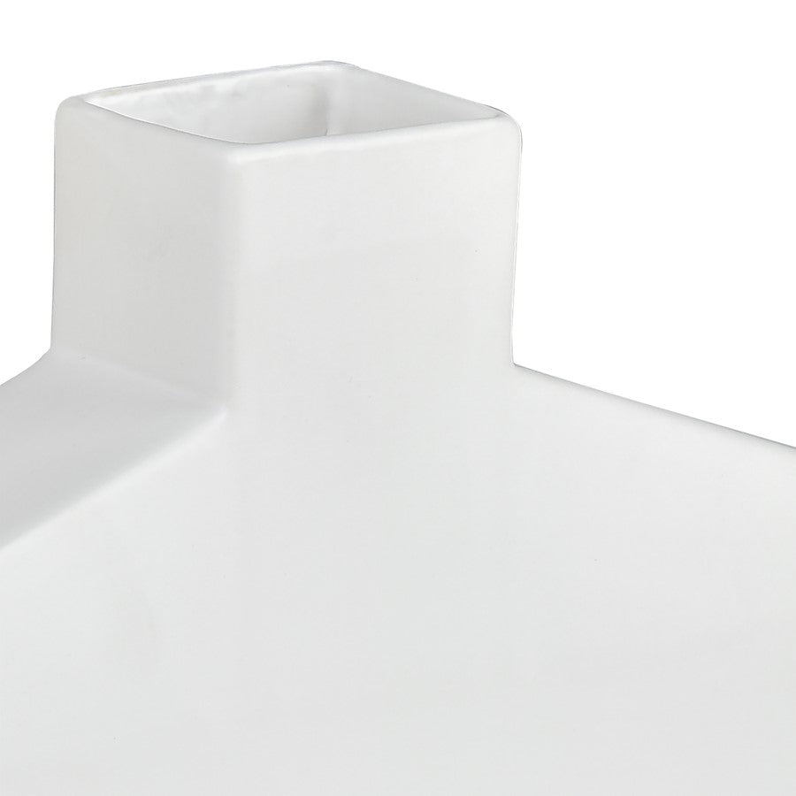 Atlas Lighting Drue 16in Matte White Earthenware Vase | Modern Sculptural Low Profile | Living Room & Entryway Decor | Model AC11269-01