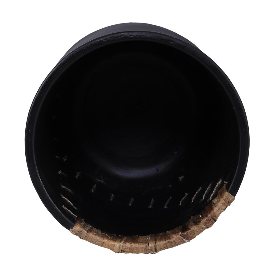 Atlas Lighting Wayde 12in Black Earthenware Vase | Transitional with Natural Rattan Accent | Living Room & Entryway Decor | Model AC11670-01