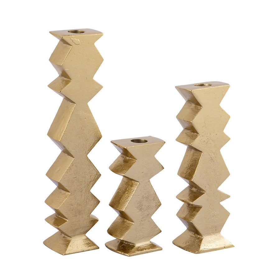 Atlas Lighting Zig Zag 12in Taper Candle Holder Set of 3 | Aged Brass Metal | Dining Table & Mantel Decor | 2.5 x 1.5 x 12 in | Model AC11694-01S