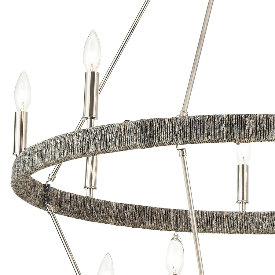 Atlas Lighting Abaca 36in 14-Light Chandelier | Transitional Polished Nickel and Gray Abaca Rope | Dining Room & Living Room | Model CL11050-NK