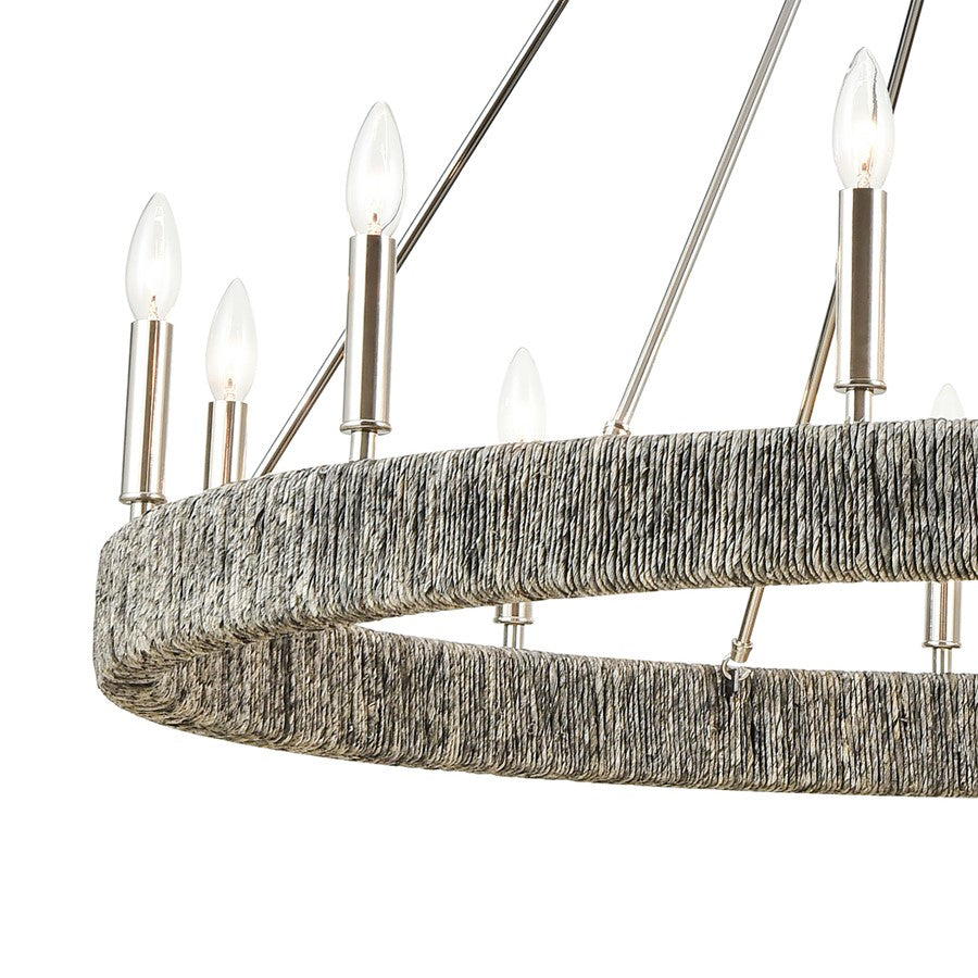 Atlas Lighting Abaca 48in 12-Light Chandelier | Transitional Polished Nickel and Gray Abaca Rope | Dining Room & Living Room | Model CL11051-NK