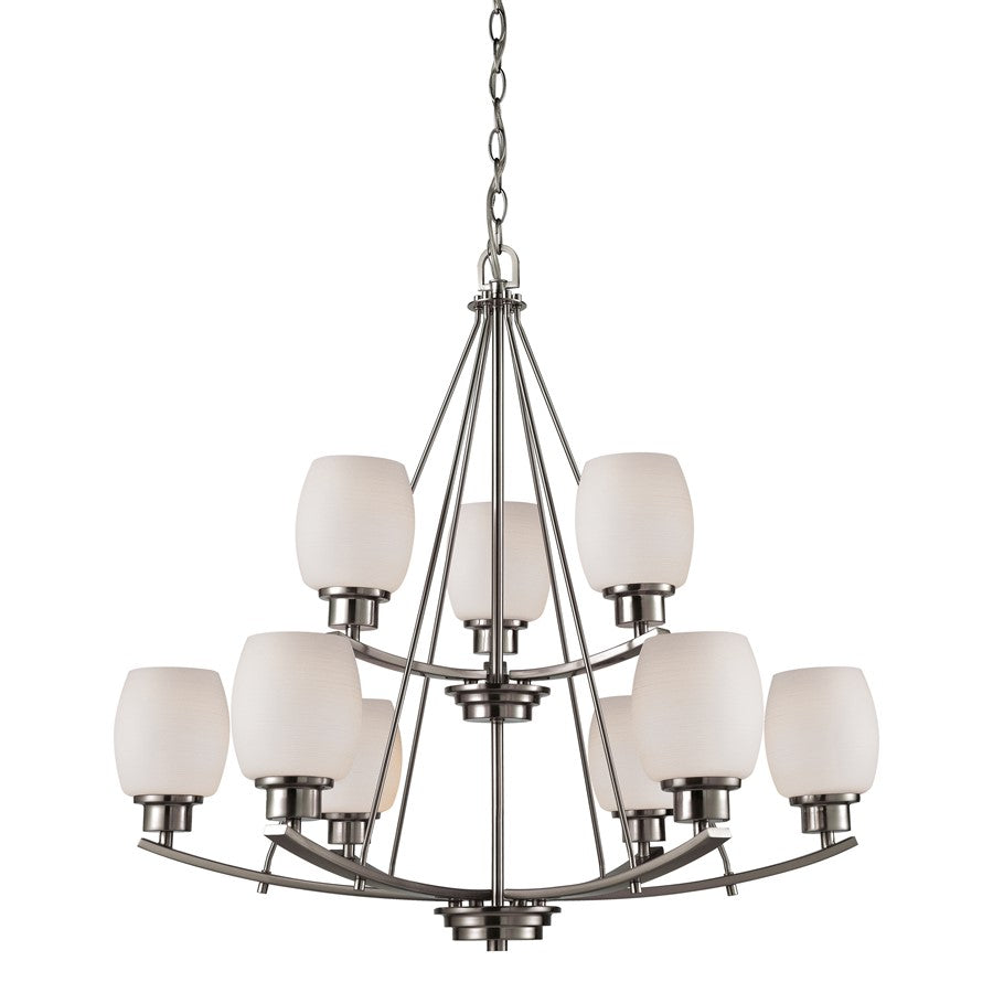 Atlas Lighting Casual Mission 29in 9-Light Chandelier | Transitional Brushed Nickel and White Alabaster Glass | Dining Room | Model CL11118-NK