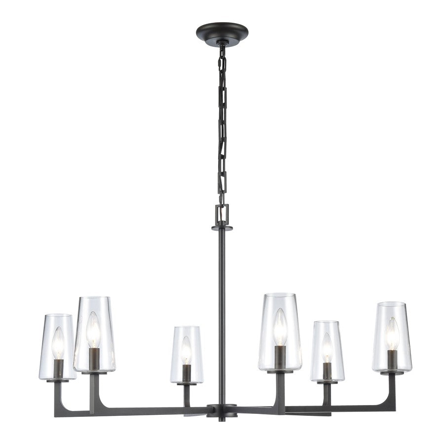 Atlas Lighting Fitzroy 34in 6-Light Chandelier | Transitional Matte Black and Clear Glass | Kitchen Island & Dining Room | Model CL11173-BK