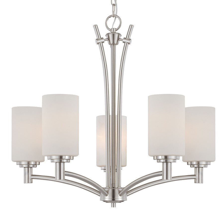 Atlas Lighting Pittman 24in 5-Light Chandelier | Transitional Brushed Nickel and White Frosted Glass | Kitchen Island & Dining | Model CL11298-NK