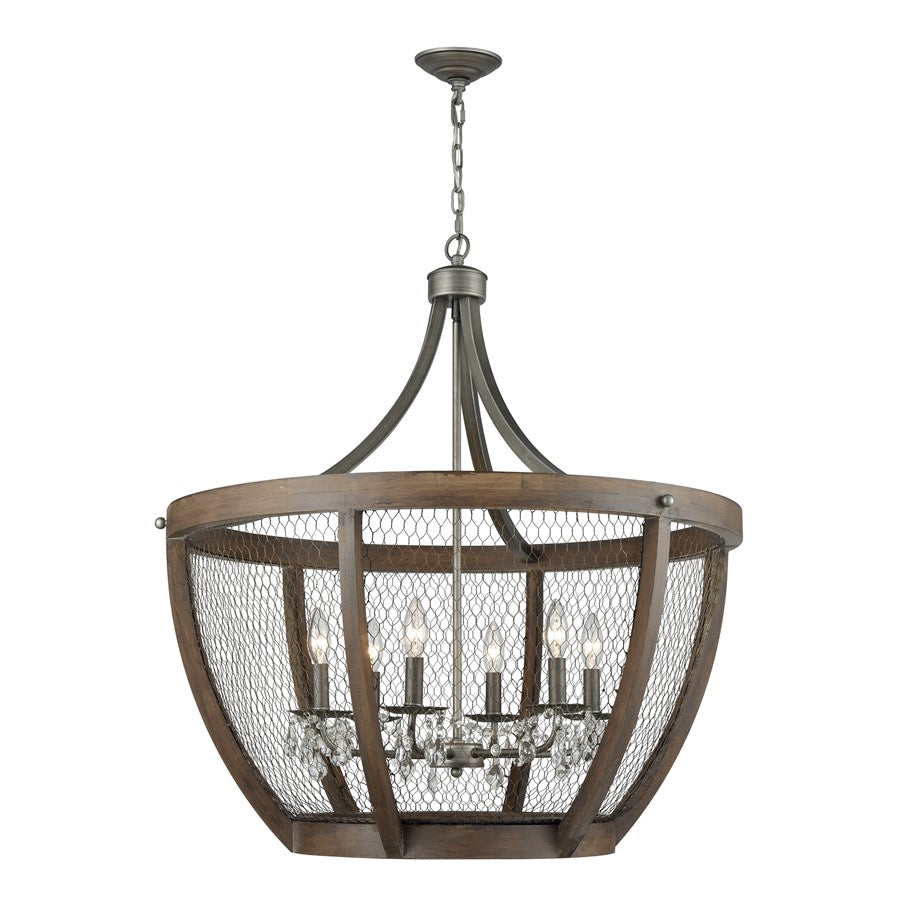 Atlas Renaissance Invention 33in 6-Light Chandelier | Rustic Aged Wood and Weathered Zinc | Dining Room & Foyer | 30 x 30 x 33 in | Model CL11312-BN