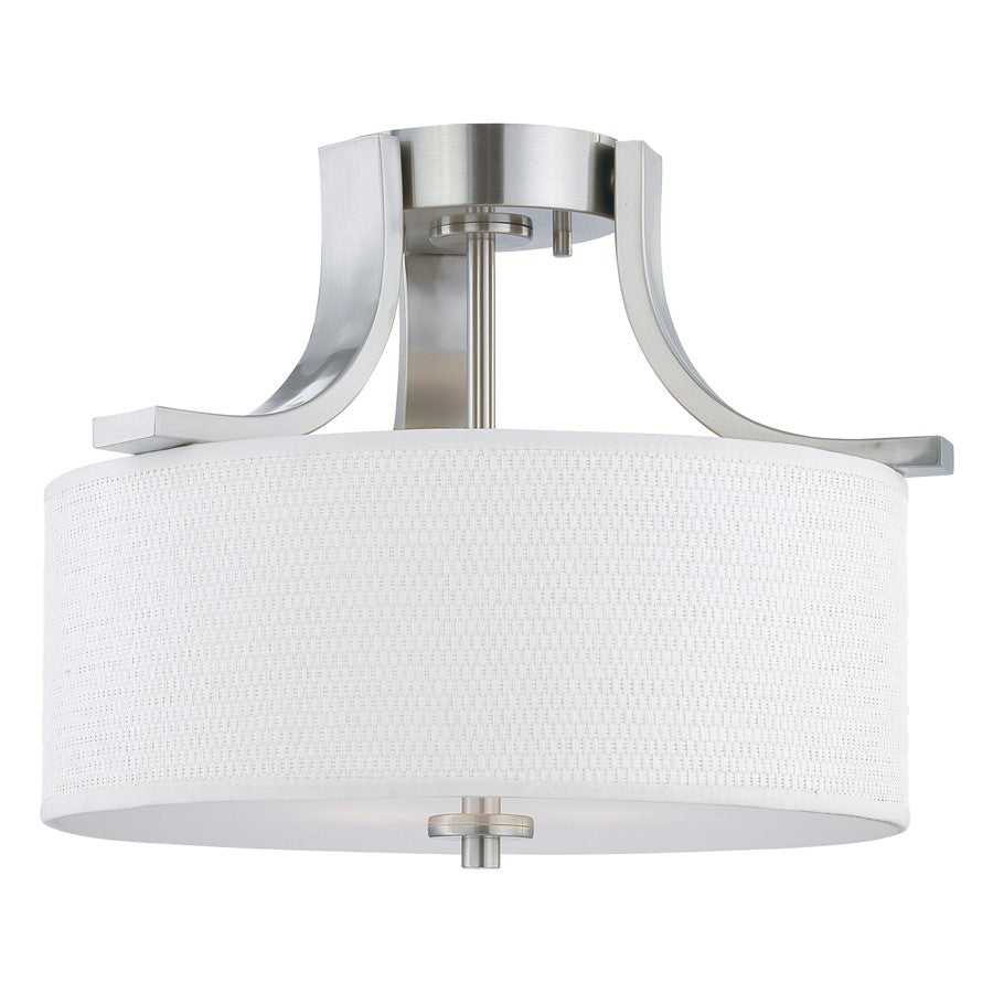 Atlas Lighting Pendenza 15in 2-Light Flush Mount | Transitional Brushed Nickel and White Fabric | Bedroom & Living Room Ceiling | Model CL11489-NK