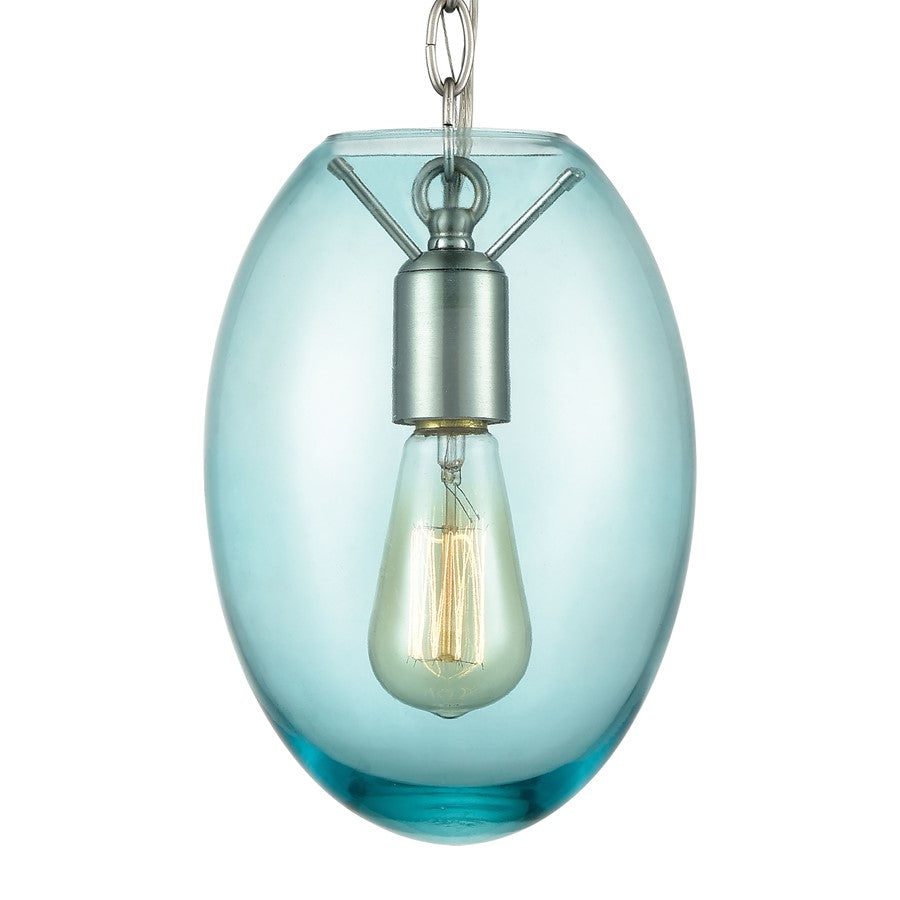 Atlas Lighting Ellipsa 7in 1-Light Mini Pendant | Satin Nickel and Blue Glass | Kitchen Island & Dining Room | 7 x 7 x 10 in | Model CL11578-BL
