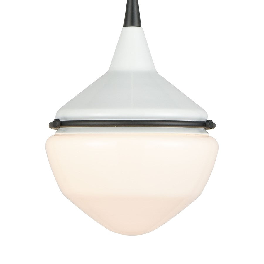 Atlas Mid-Century Schoolhouse 8in 1-Light Mini Pendant | Enamel White Matte Black and White Glass | Kitchen Island & Dining Room | Model CL11635-WH