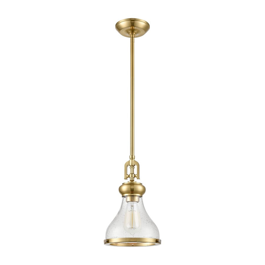 Atlas Lighting Rutherford 8in 1-Light Mini Pendant | Transitional Satin Brass and Clear Seeded Glass | Kitchen Island & Dining | Model CL11671-BS
