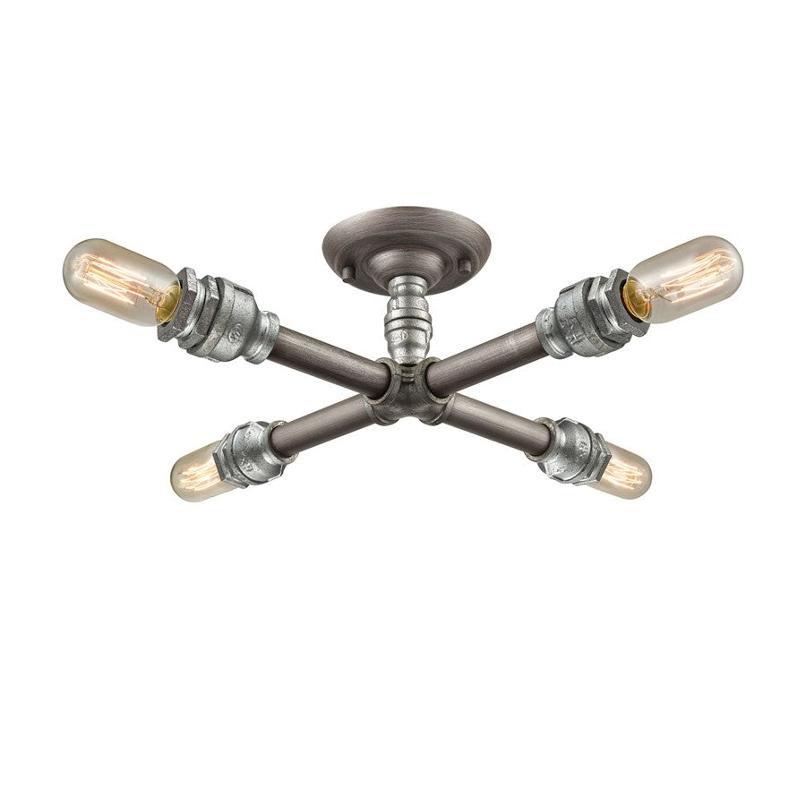 Atlas Lighting Cast Iron Pipe 16in 4-Light Semi-Flush Mount | Industrial Weathered Zinc | Kitchen & Living Room | 16 x 16 x 6 in | Model CL11871-SV