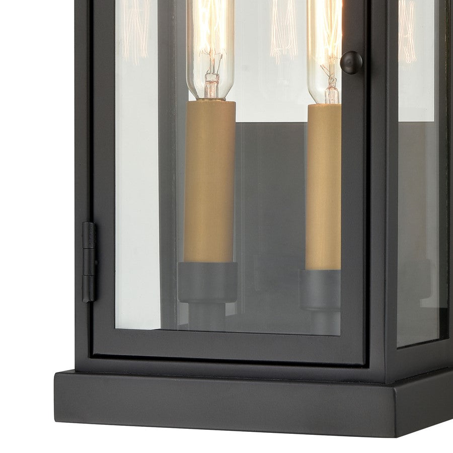 Atlas Lighting Foundation 7in 2-Light Outdoor Sconce | Transitional Matte Black and Aged Brass Metal with Clear Glass | Entryway | Model OL11140-BK