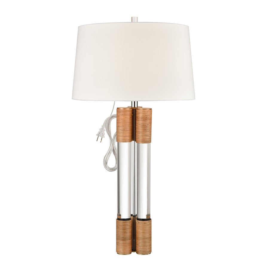 Atlas Lighting Island Gate 19in 1-Light Table Lamp | Clear Acrylic and Natural Rattan with White Linen Shade | Living Room | Model PL11068-CL