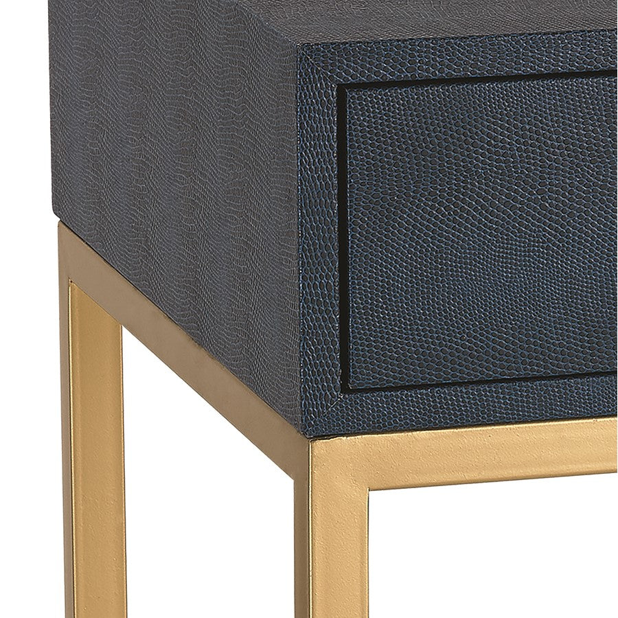 Atlas Lighting Shagreen 16in Square Accent Table | Navy Faux Shagreen and Gold Metal | Bedroom & Living Room Side Table | Model TA11179-02