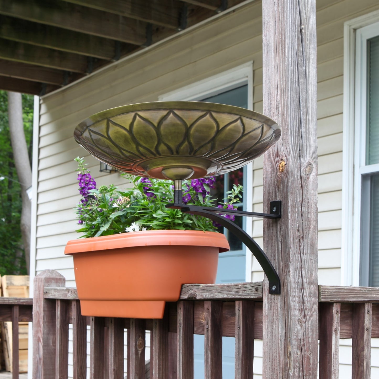 ACHLA Red African Daisy Birdbath Wall Mount Bracket | Antique Brass & Black Wrought Iron | Patio & Garden Bird Bath | Model BB-09R-WM2