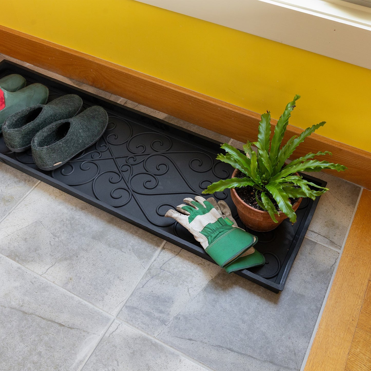 ACHLA Boot Tray Large 46in Black Rubber | Scrollwork Mudroom & Entryway Mat | 14 x 46 x 2 in | Model BT-01L