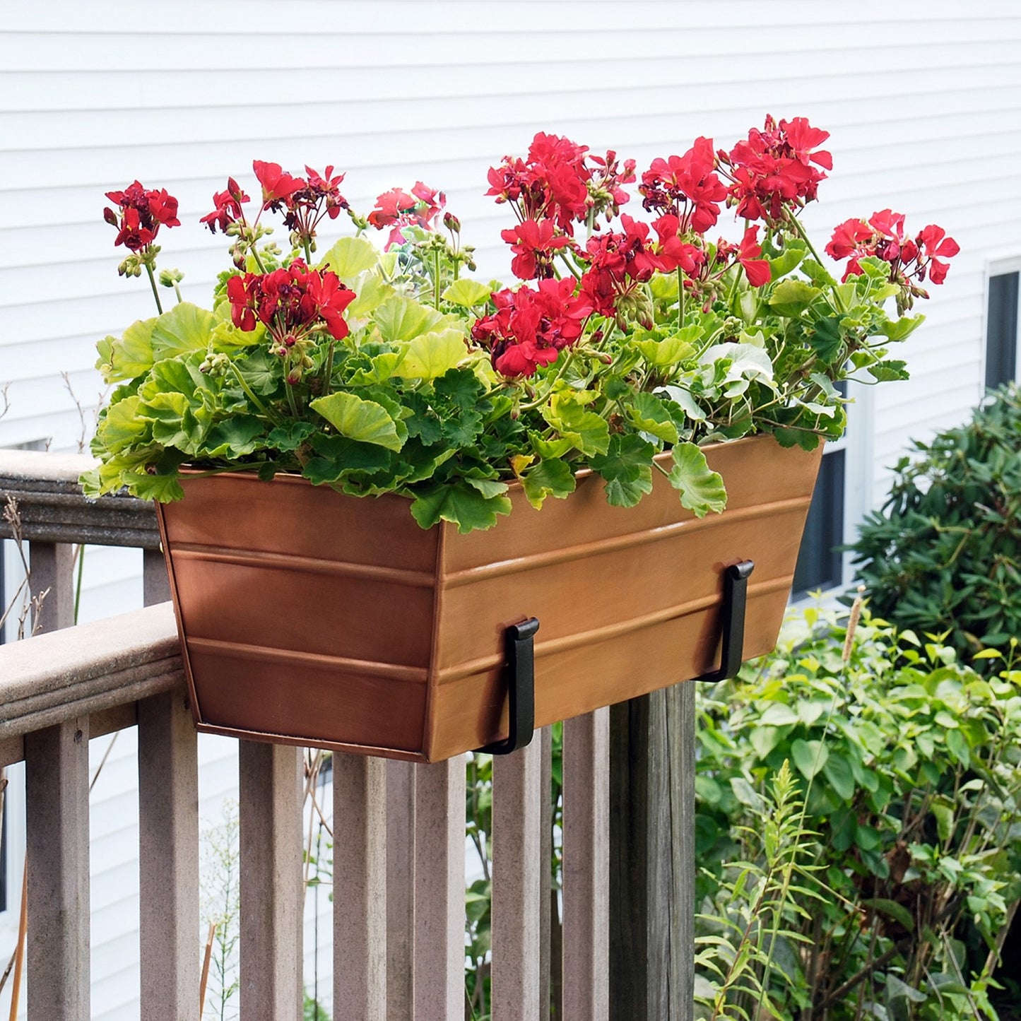 ACHLA Medium Flower Box with Clamp-On Brackets | Copper Plated Galvanized Steel and Black Wrought Iron | Porch & Balcony Railing | Model C-20C-RM