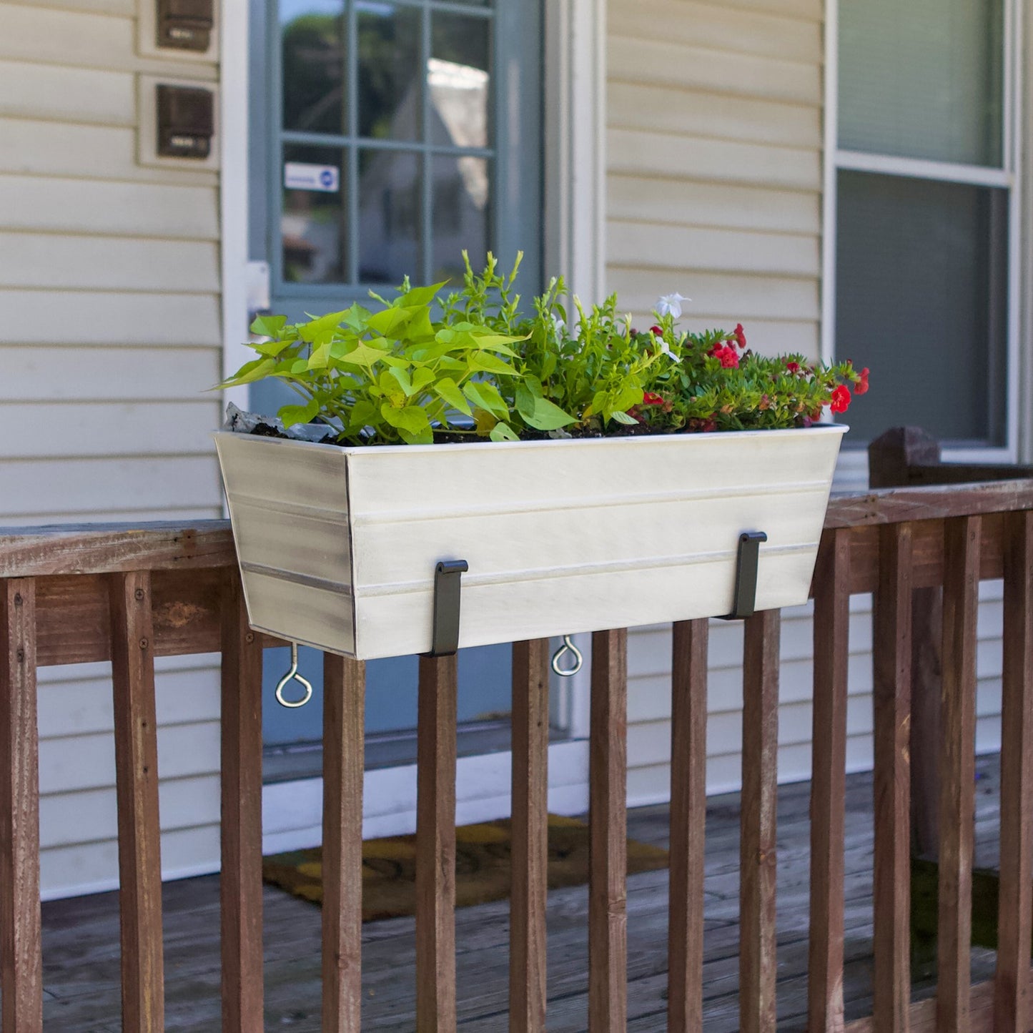 ACHLA Medium Flower Box with Clamp-On Brackets | Cape Cod White Galvanized Steel and Black Wrought Iron | Front Porch & Balcony | Model C-20W-RM