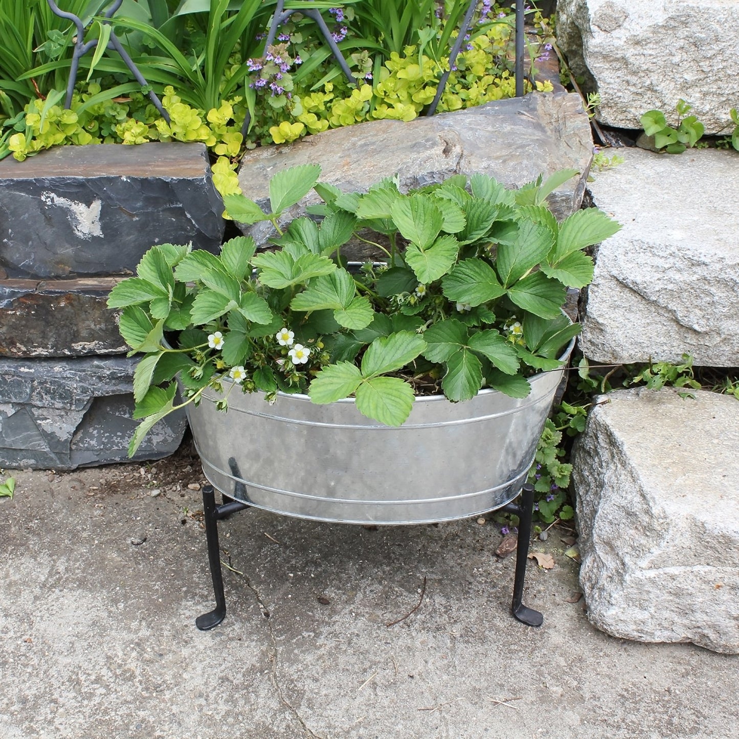 ACHLA Mini Oval Galvanized Tub with Folding Stand | Steel and Black Powdercoat Wrought Iron | Patio Beverage Chiller & Container | Model C-51M-S1