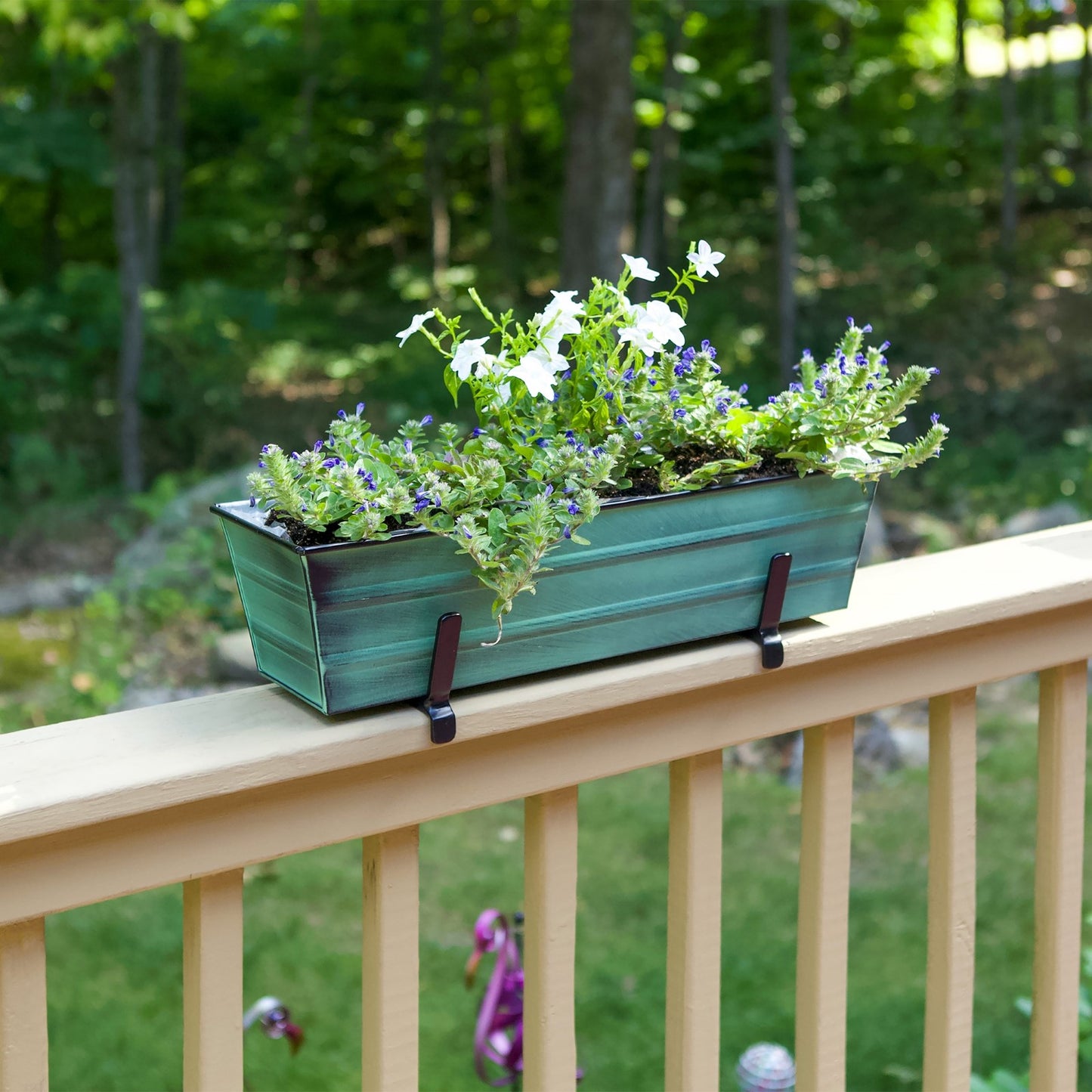 ACHLA Small Flower Box with Brackets for 2x6 Railings | Green Patina Galvanized Steel and Black Wrought Iron | Porch & Deck Railing | Model C08-K6