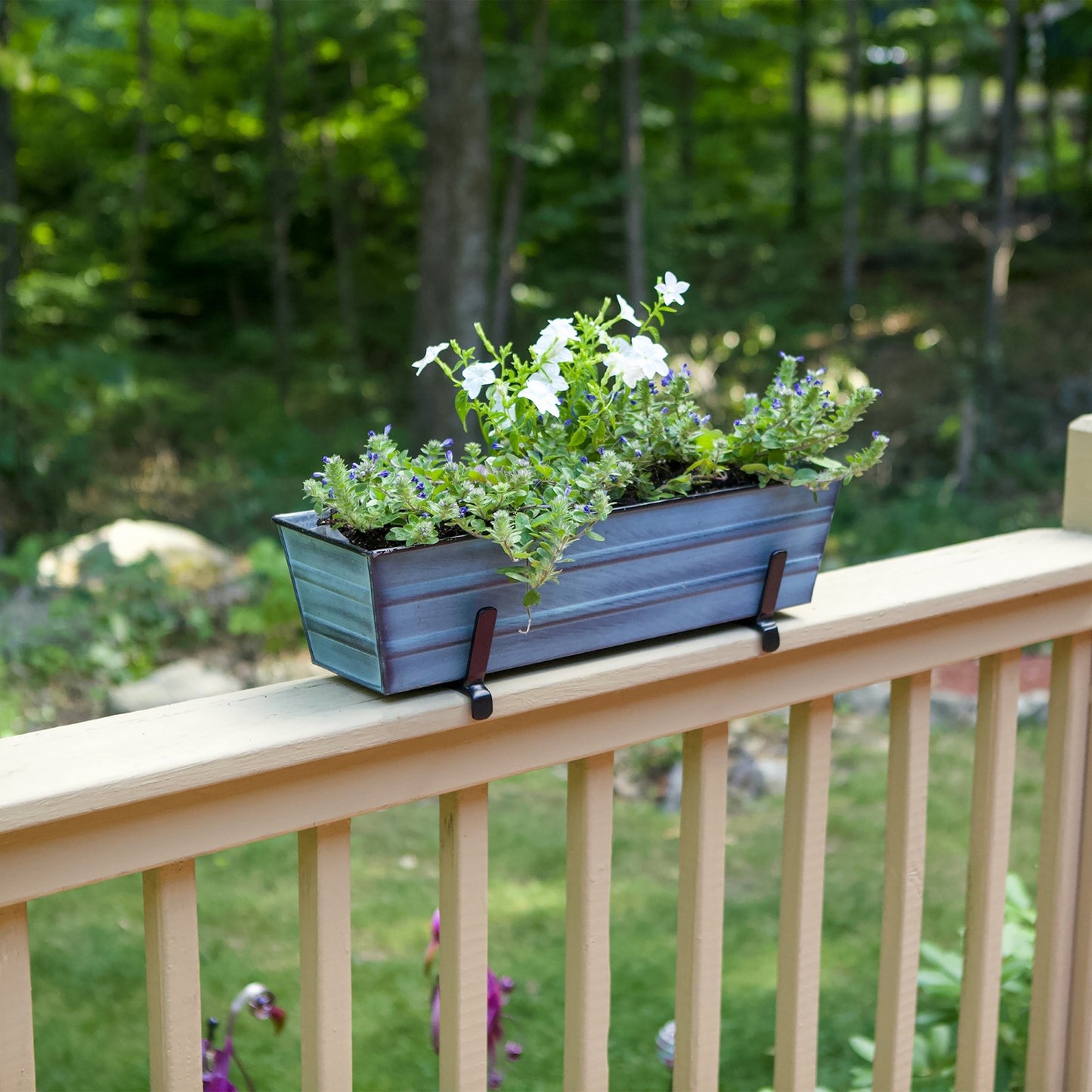 ACHLA Small Flower Box Kit for 2x6 Railings | Nantucket Blue Galvanized Steel Planter with Black Wrought Iron Brackets | Porch | Model C08NB-K6