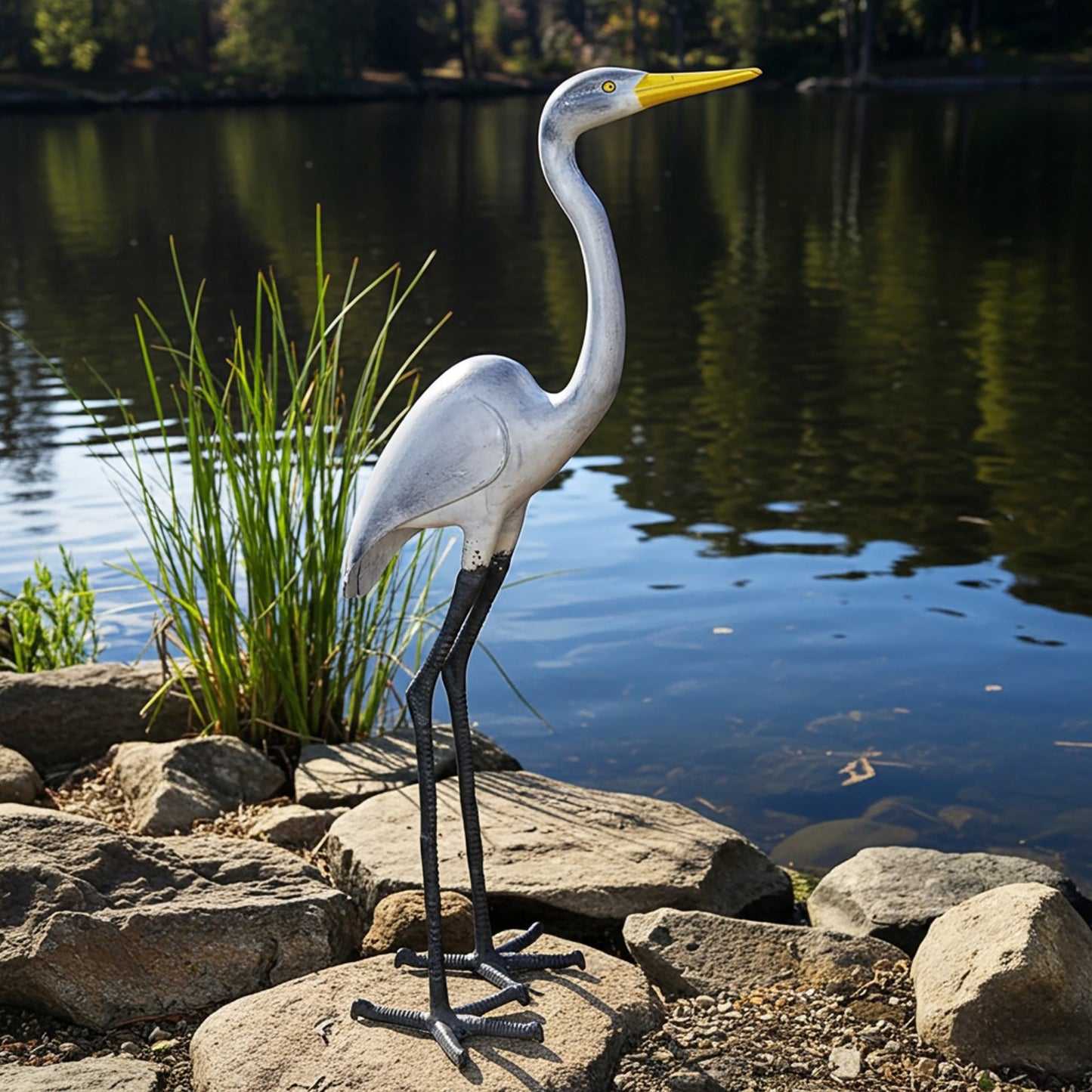 ACHLA Great Egret I 43in Tall Garden Ornament | Cast Aluminum Black, White, and Yellow | Patio & Garden Accent | 13 x 9 x 43 in | Model E-02