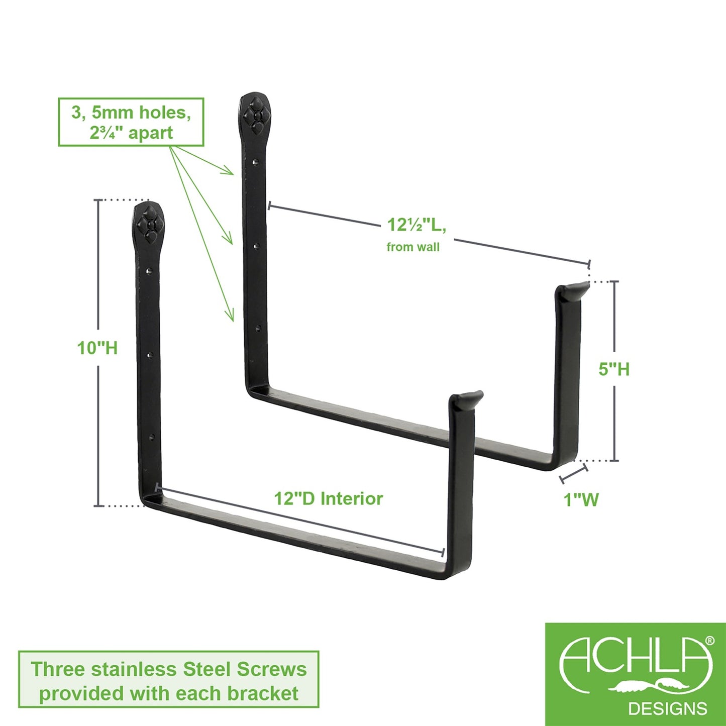 ACHLA Flower Box Brackets 12in | Wrought Iron Black | Outdoor Window Planter Support | 12 x 10 x 1.25 in | Model SFB-04