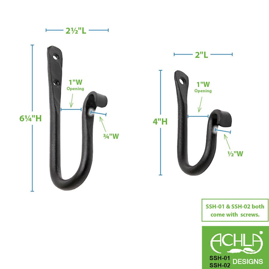 ACHLA 6in J-Hook 3-Pack | Black Powdercoat Wrought Iron Wall Hook | Kitchen, Garage & Closet Organizer | 0.5 x 3.5 x 6 in | Model SSH-02-3