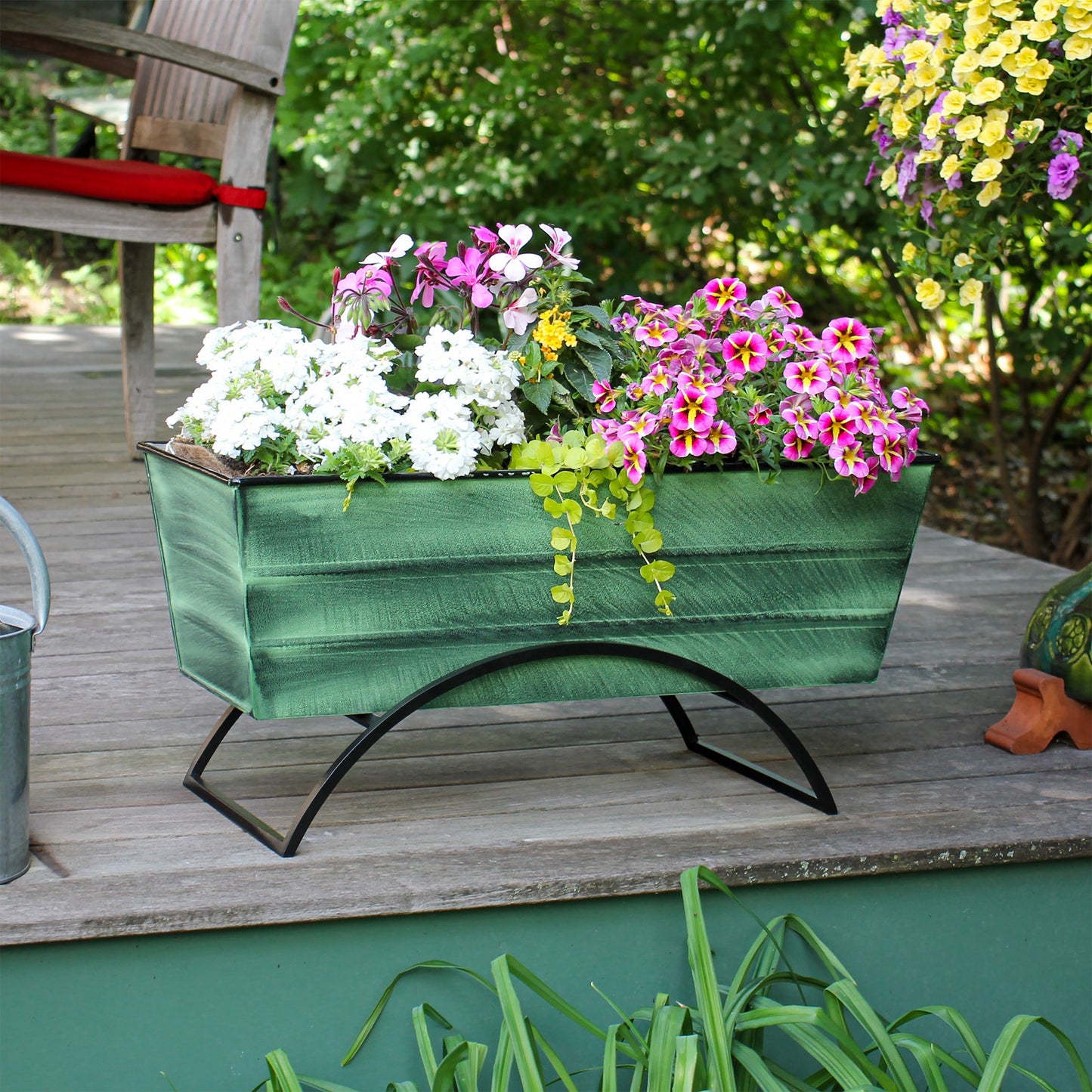 ACHLA Odette Medium Flower Planter Box with Stand | Green Patina Galvanized Steel and Black Wrought Iron | Patio & Balcony Container | Model VFB-05-S