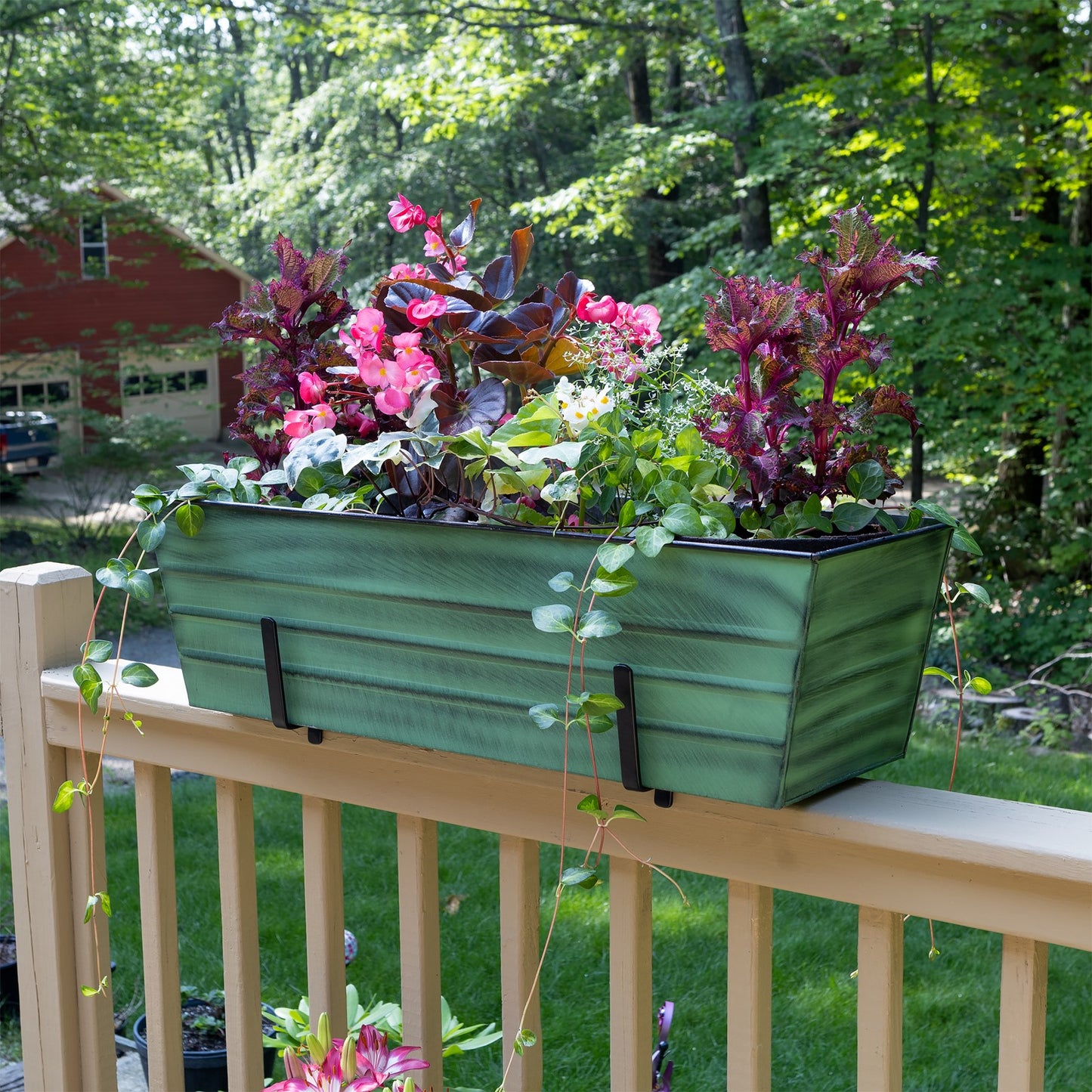 ACHLA Large Flower Box with Brackets | Green Patina Galvanized Steel and Black Wrought Iron | Porch & Deck Railing Planter | Model VFB-06-K6