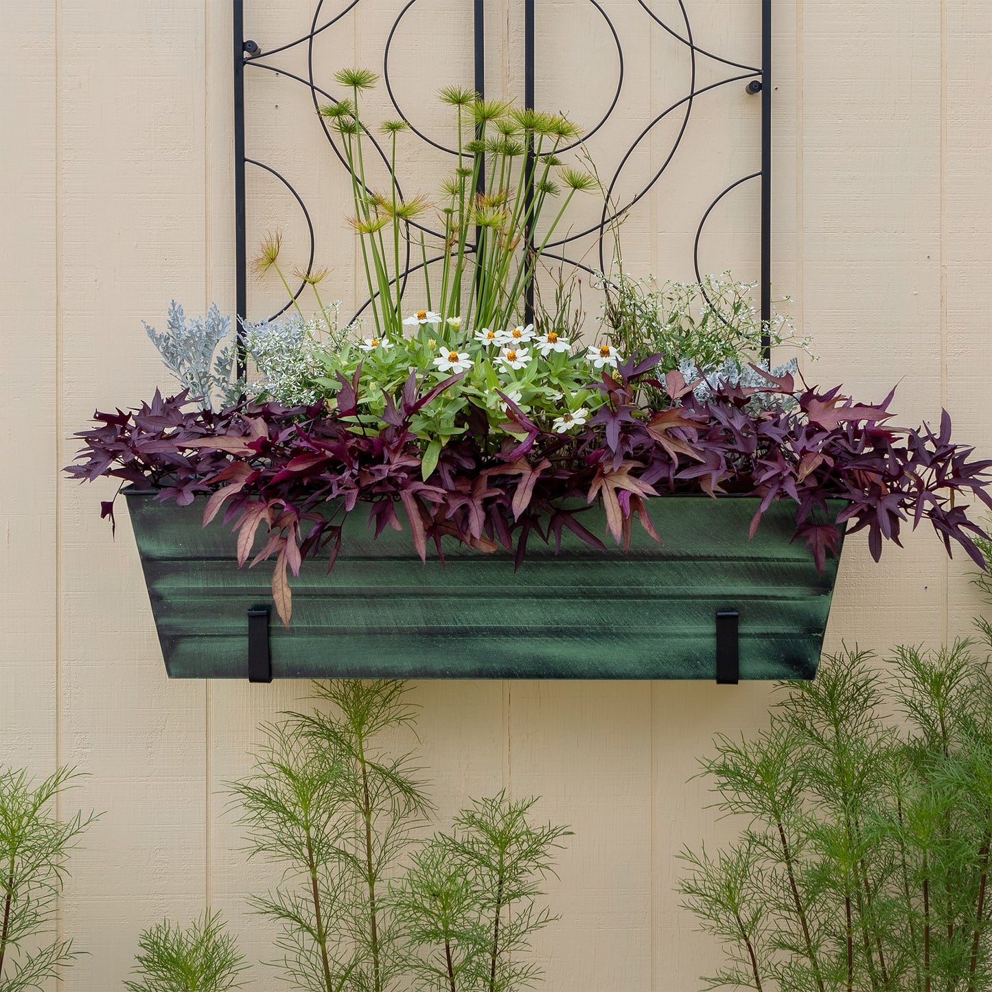ACHLA Large Flower Box with Wall Brackets | Green Patina Galvanized Steel and Black Wrought Iron | Front Porch & Balcony Container | Model VFB-06-WM