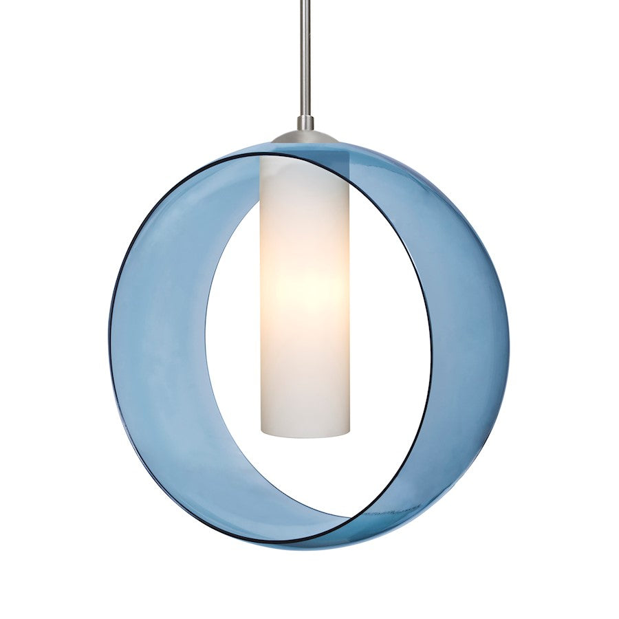 Besa Lighting Plato 12in 1-Light LED Cord Pendant | Contemporary Satin Nickel and Blue Glass | Kitchen Island & Dining | Model 1JT-PLATOBL-LED-SN