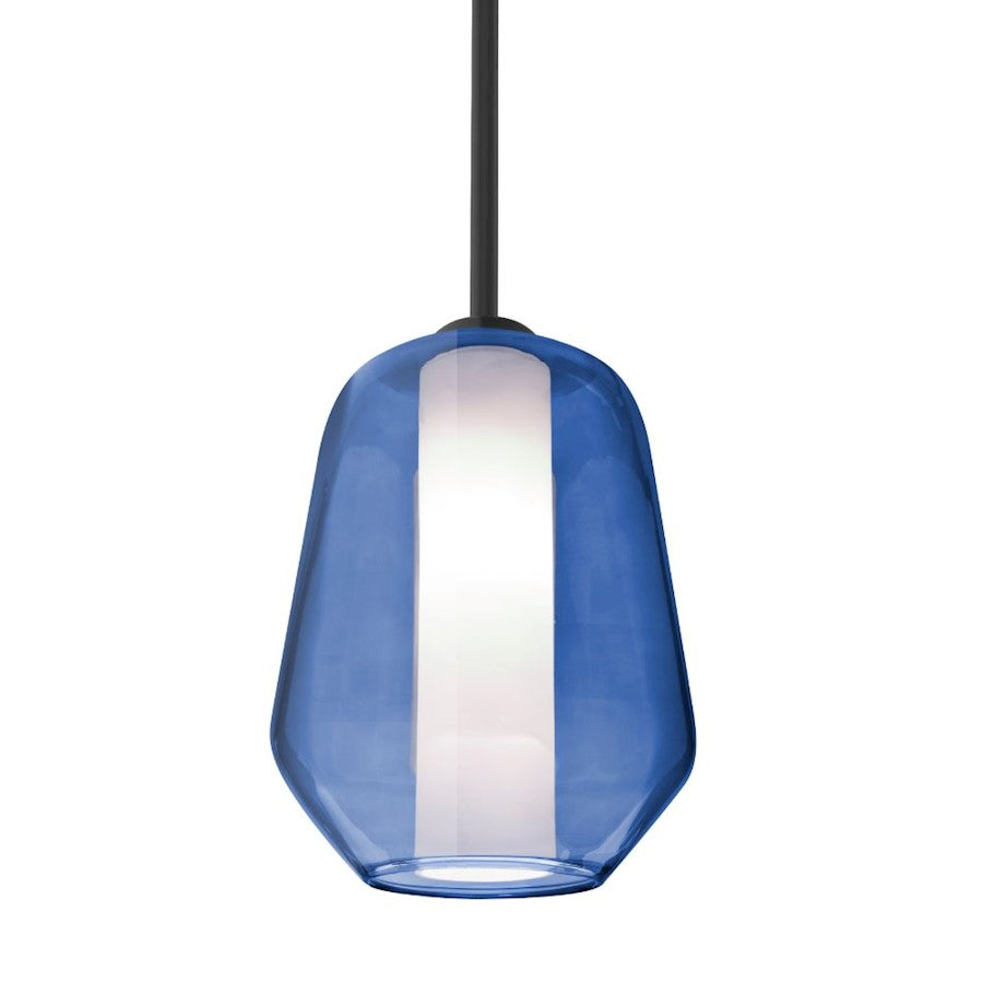 Besa Link 8in 1-Light LED Stem Pendant | Transitional Black and Blue Glass | Kitchen Island & Dining Room | 8 x 8 x 10.5 in | Model 1TT-LINKBL-LED-BK