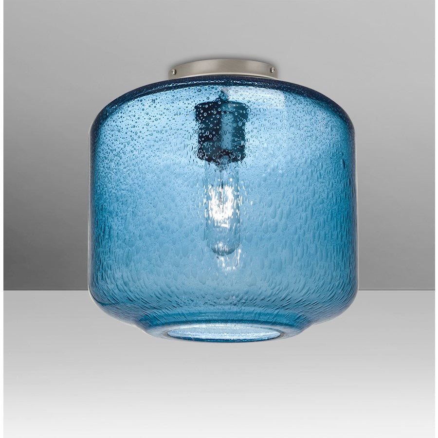 Besa Lighting Niles 10 1-Light Flush Mount | Transitional Satin Nickel and Blue Bubble Glass | Hallway & Bedroom Ceiling Light | Model NILES10BLC-SN