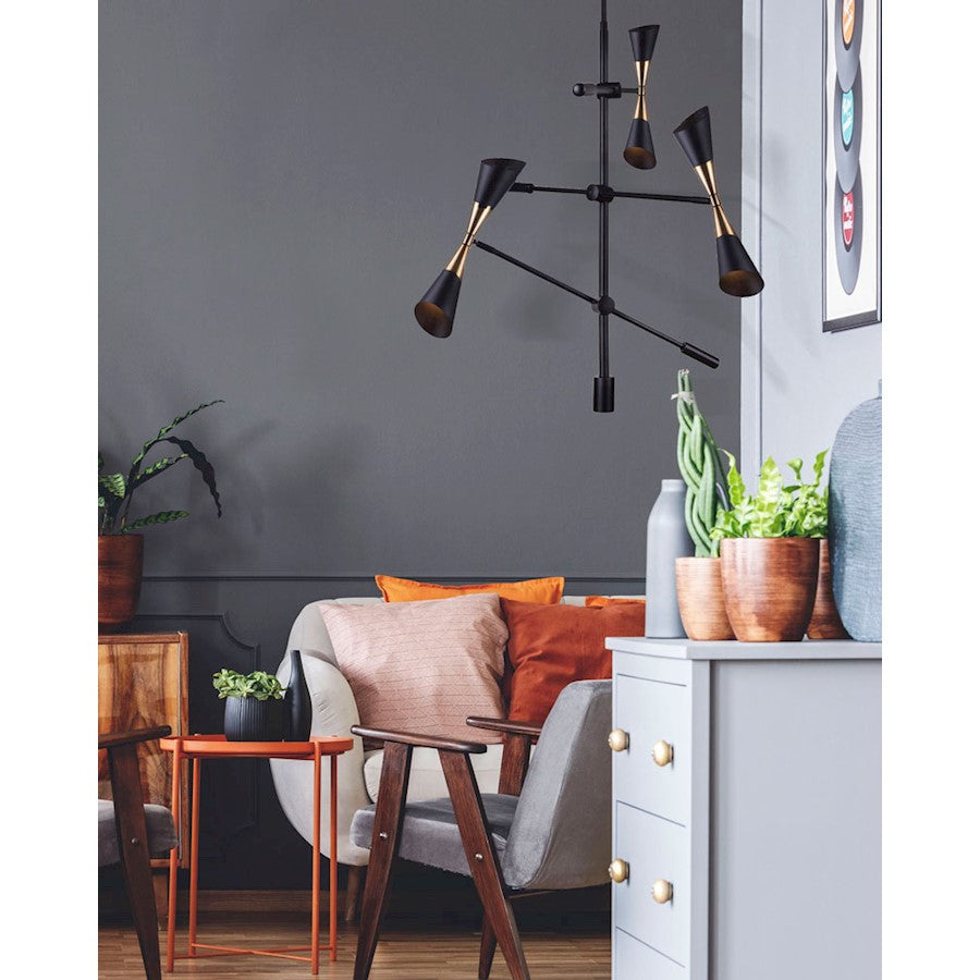 Canarm Emlen 27in 6-Light Chandelier | Mid-Century Matte Black and Gold | Dining Room & Living Room | 27 x 64 in | Model ICH1073A06BKG