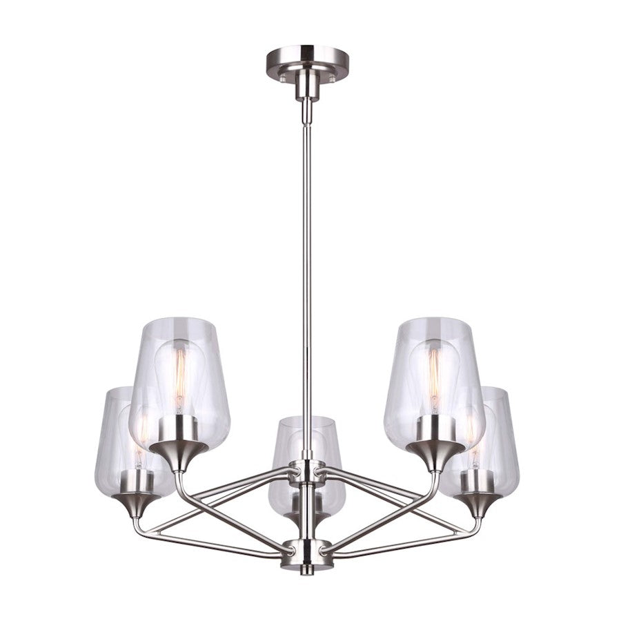 Canarm Conall 26in 5-Light Chandelier | Brushed Nickel and Clear Glass | Dining Room & Living Room | 26 x 26 x 59 in | Model ICH1102A05BN