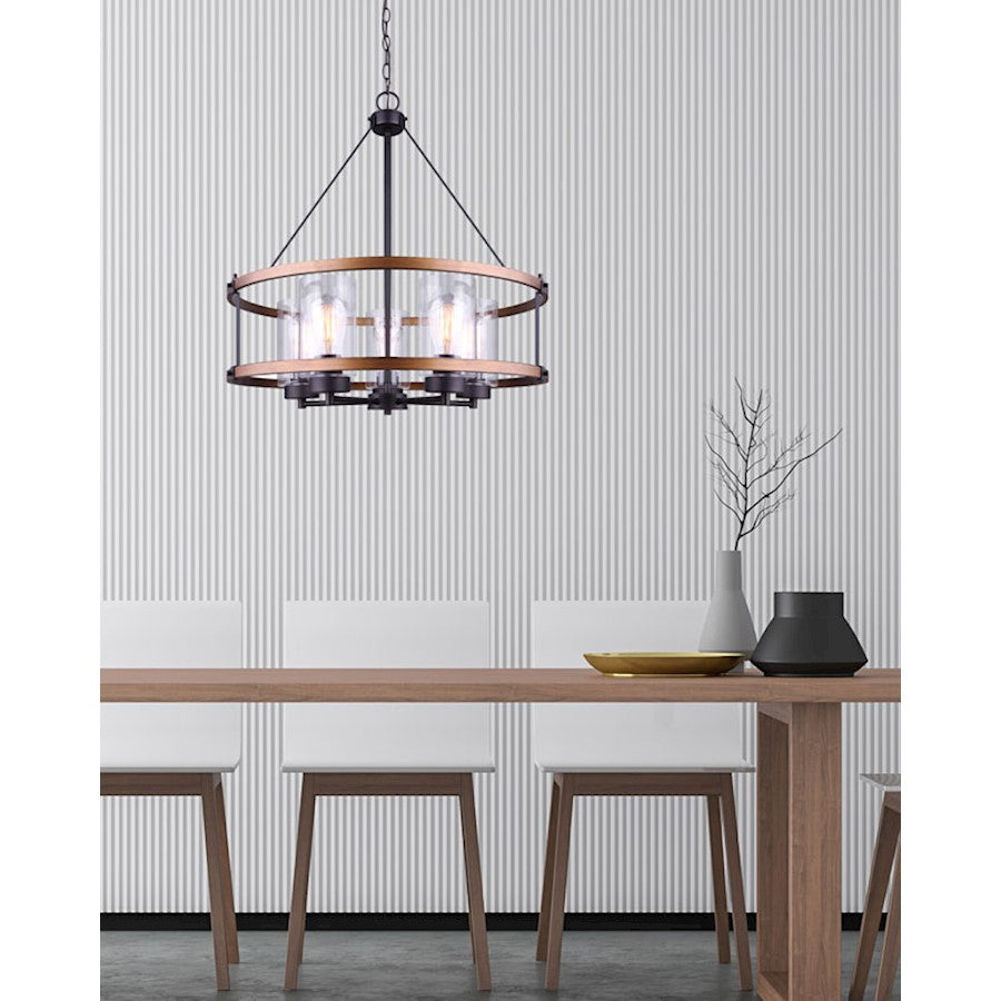 Canarm Canmore 24in 5-Light Chandelier | Rubbed Bronze and Brushed Wood with Clear Glass | Dining Room & Living Room | Model ICH740A05RBB24