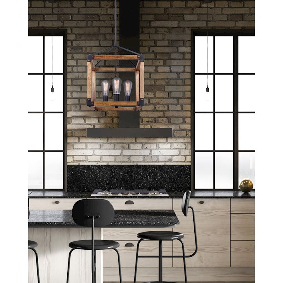 Canarm Moss 14in 4-Light Chandelier | Black Metal and Real Wood | Dining Room & Living Room | 14 x 14 x 21 in | Model ICH756A04BKW14