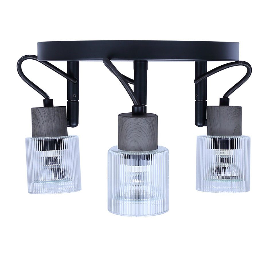 Canarm Owen 13in 3-Light Flush Mount | Industrial Matte Black and Clear Ribbed Glass | Bedroom & Living Room | 13 x 9 x 7 in | Model ICW1198A03BKW10