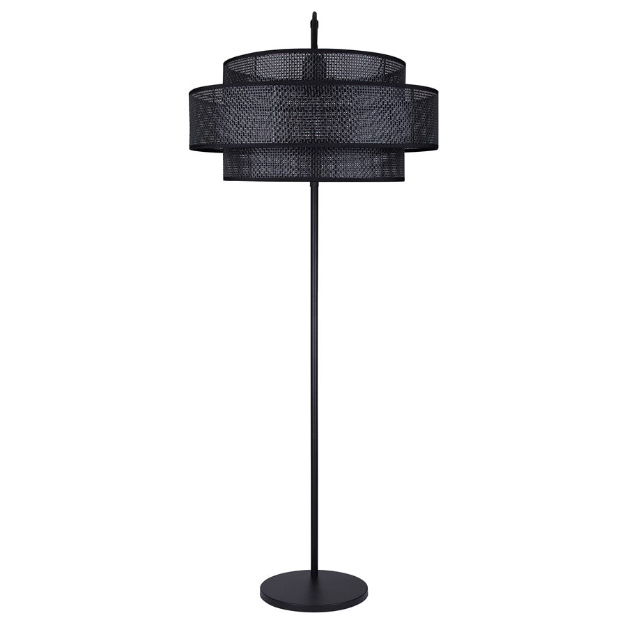 Canarm Bellamy 82in 1-Light Arched Floor Lamp | Mid-Century Matte Black Steel and Black Rattan Shade | Living Room & Bedroom | Model IFL1149A82BK-BPR