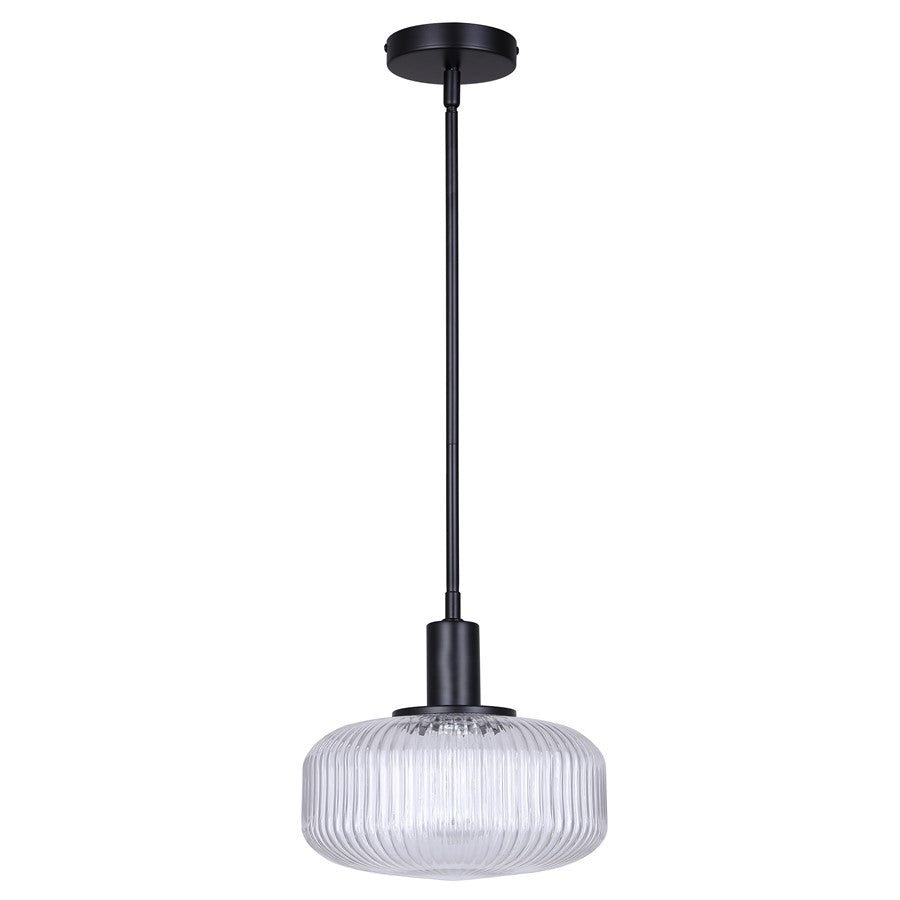 Canarm Ledger 10.5in 1-Light Pendant | Matte Black and Clear Ribbed Glass | Kitchen & Dining Room | 10.5 x 10.5 x 12.63 in | Model IPL2104B01BK