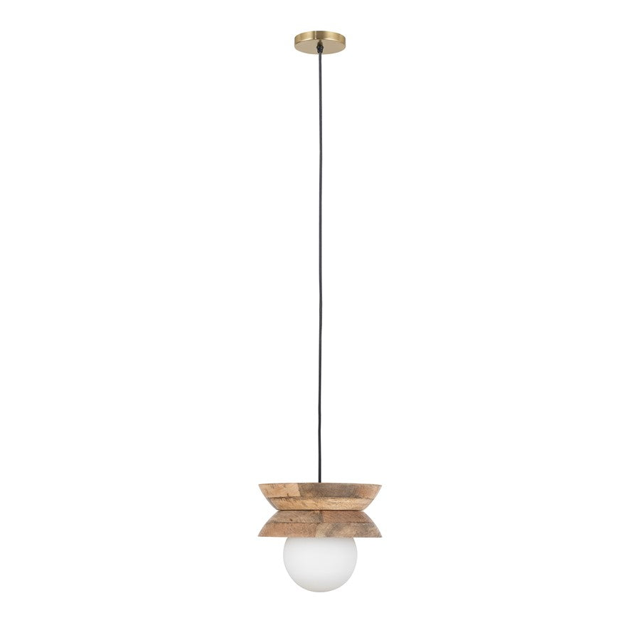 Canarm Kali 9.8in 1-Light Pendant | Natural Mango Wood and Frosted Glass | Kitchen Island & Reading Nook | 9.8 x 9.8 x 8.75 in | Model IPL2153B01NA