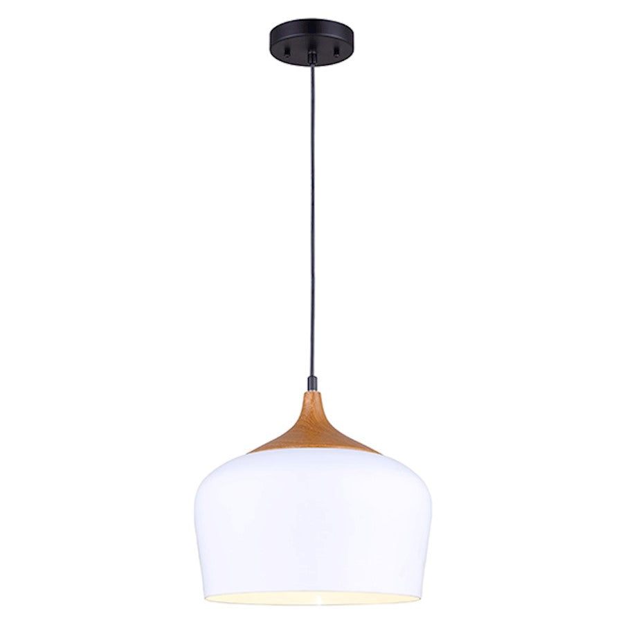 Canarm Raphael 12in 1-Light Pendant | White and Wood Look Shade | Kitchen Island & Dining Room | 11.75 x 60 in | Model IPL614A01WH