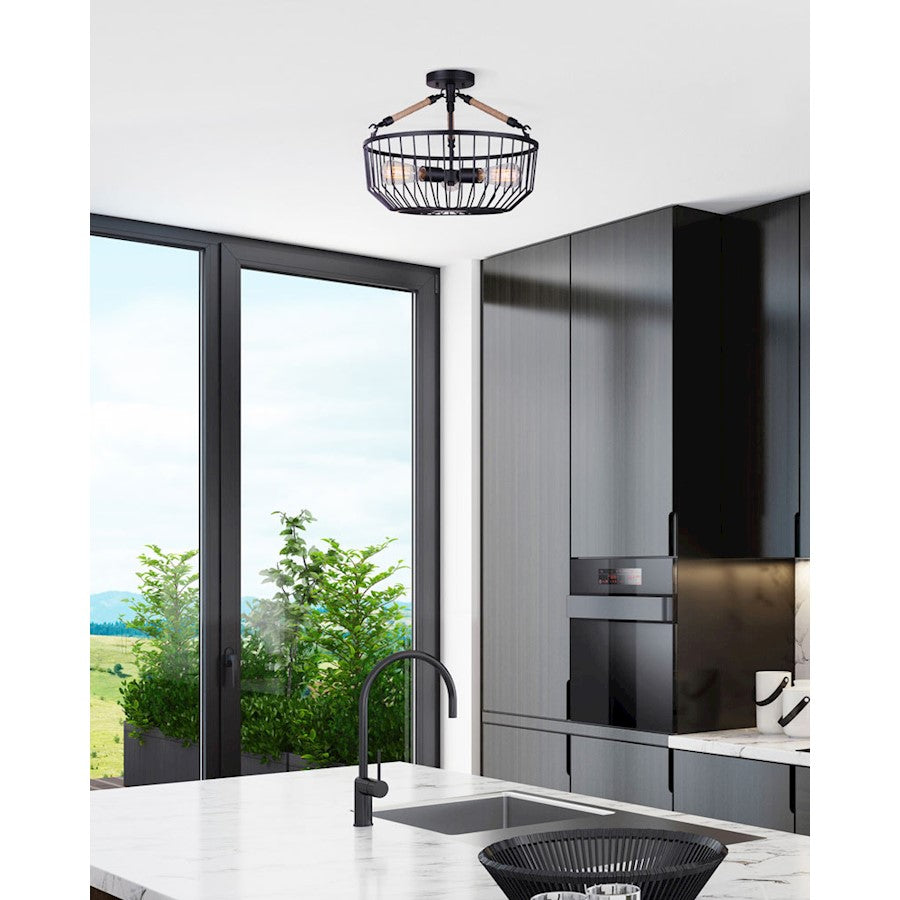 Canarm Theo 18in 1-Light Semi-Flush Mount | Matte Black Metal with Rope Accent | Industrial Farmhouse Ceiling Light | Model ISF1061A03BK