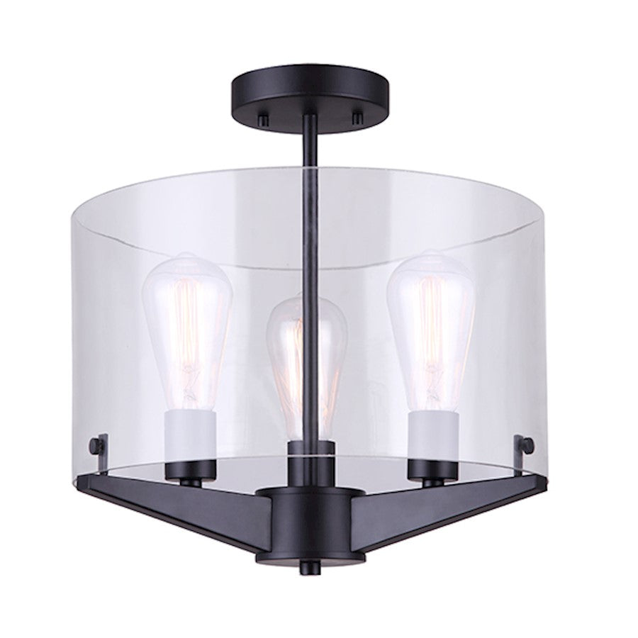 Canarm Joni 15in 3-Light Semi Flush | Modern Matte Black and Clear Glass | Entryway & Hallway | 14.62 x 14.38 in | Model ISF759A03BK