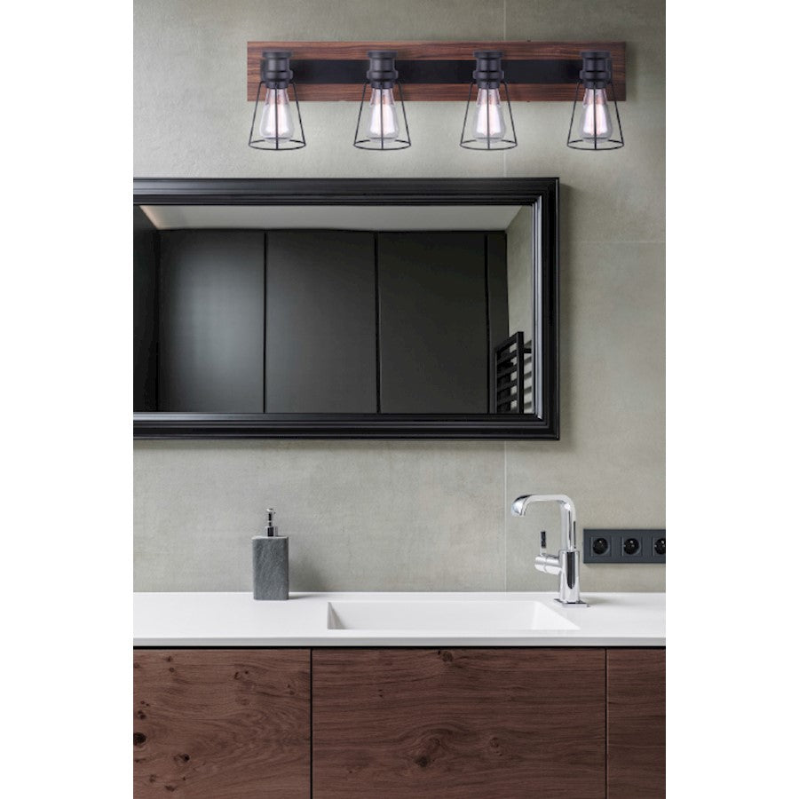 Canarm Blake 32in 4-Light Vanity Light | Industrial Matte Black and Faux Wood | Bathroom & Powder Room | 32 x 6.75 x 8 in | Model IVL752A04BKW