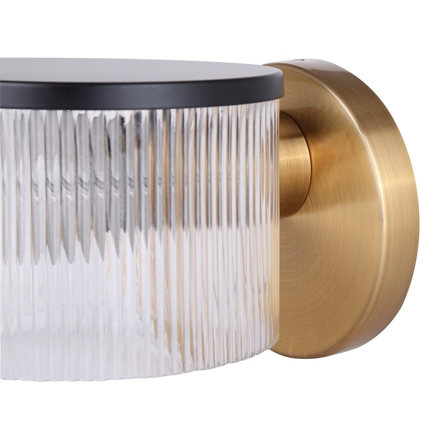 Canarm Jenner 7in 1-Light Wall Sconce | Mid-Century Matte Black and Gold with Clear Ribbed Glass | Hallway & Bedroom Accent | Model IWF1143A01BKG