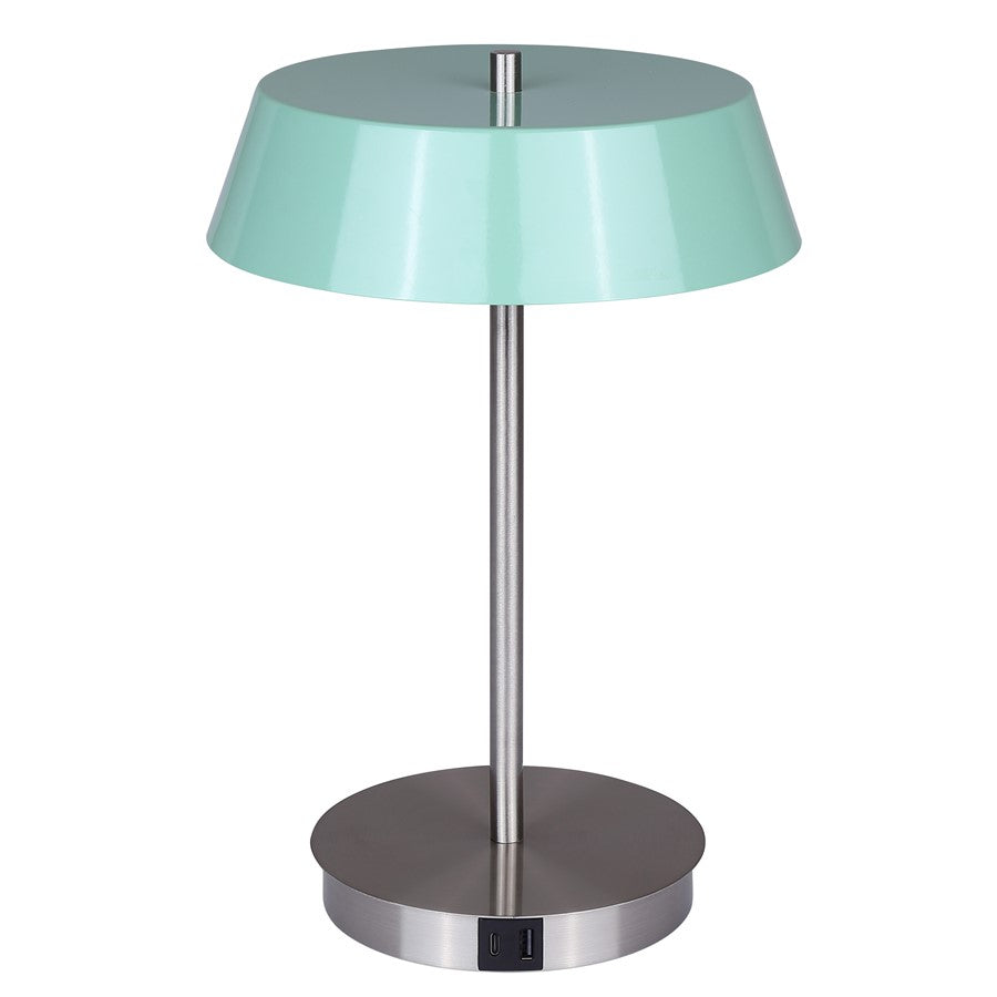 Canarm Jessa 9in 1-Light LED Table Lamp | Mid-Century Brushed Nickel and Robin's Egg with Opal Glass | Bedroom & Office Desk | Model LTL263A14GRN
